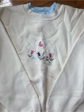 Embroidered Floral Cream Sweatshirt with Pastel Blue Trim
